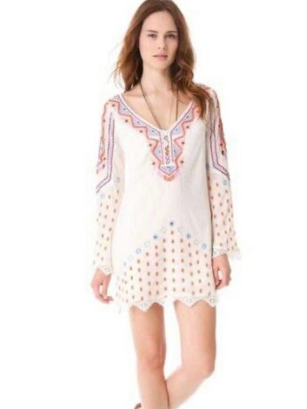 Free People White and Multicolor
Embroidered Mini Dress